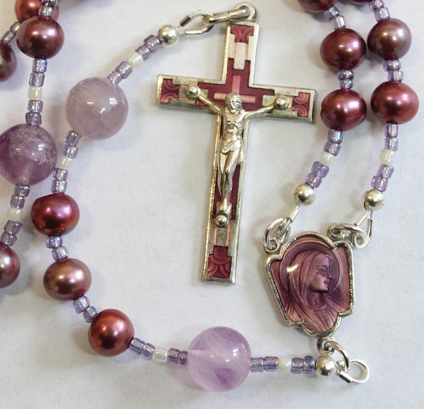 Catholic Rosary Rosenkranz Purple Pearls Amethyst and Vintage Enameled Center & Cross
