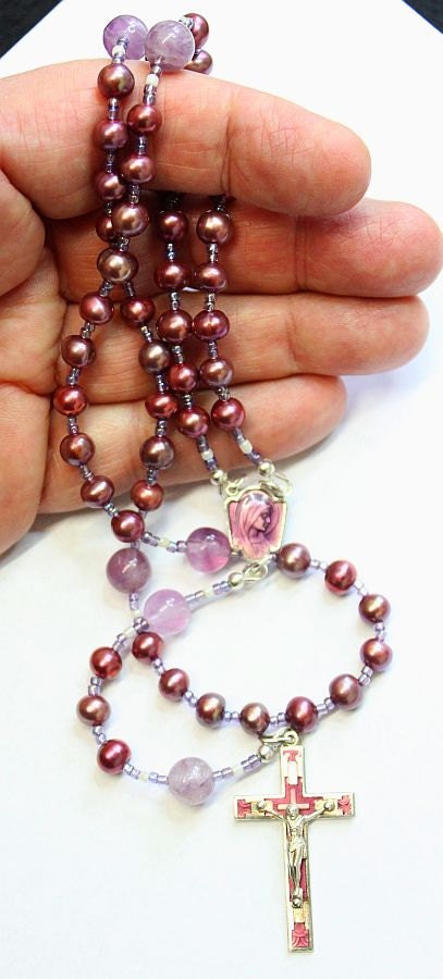 Catholic Rosary Rosenkranz Purple Pearls Amethyst and Vintage Enameled Center & Cross