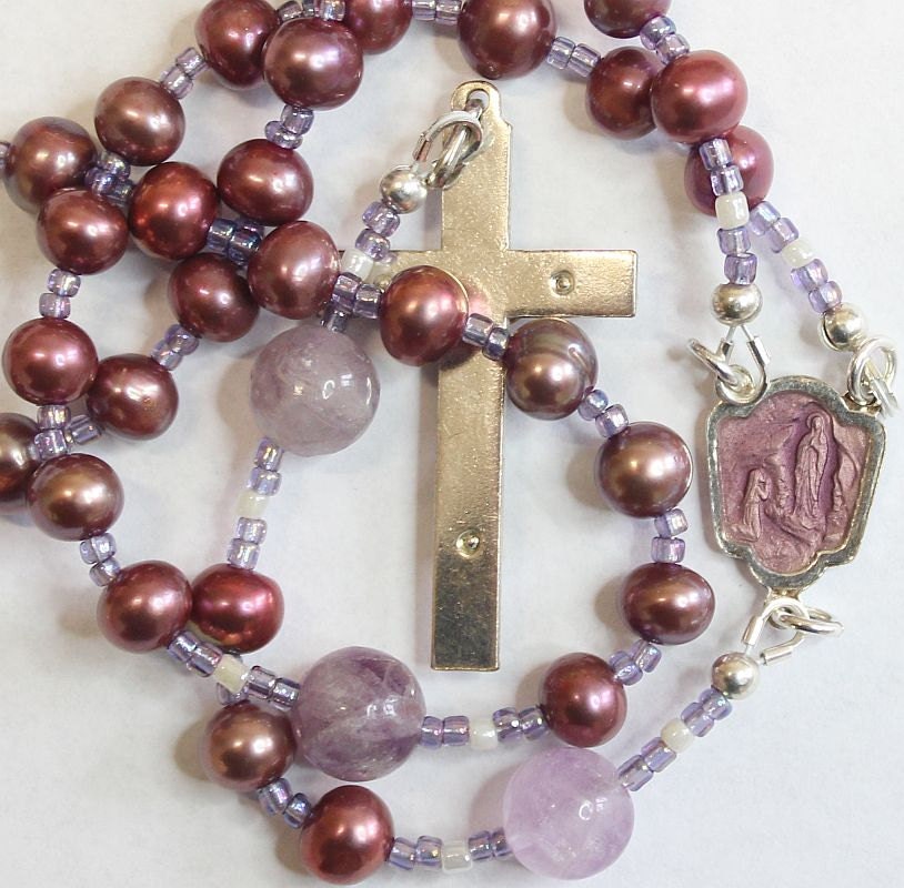 Catholic Rosary Rosenkranz Purple Pearls Amethyst and Vintage Enameled Center & Cross