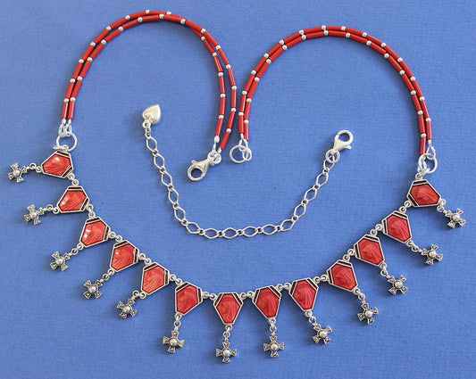 1950 Vintage Enameled Rosary Centers Repurposed into Necklace W Coral and Sterling