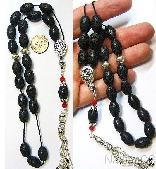 Greek Komboloi Worry Beads Black Lava, Red Coral & Sterling Silver