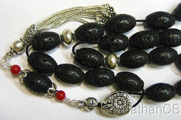 Greek Komboloi Worry Beads Black Lava, Red Coral & Sterling Silver