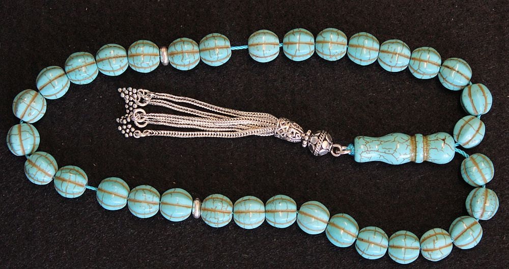 Tesbih Prayer Worry Beads Carved Dragon Turquoise and Sterling Silver