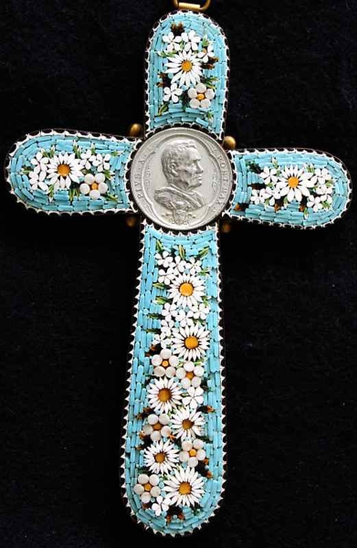 Antique Papal micro mosaic cross - crucifix PIUS X, Exceptional and Rare