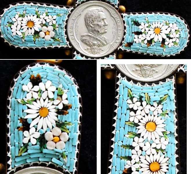 Antique Papal micro mosaic cross - crucifix PIUS X, Exceptional and Rare