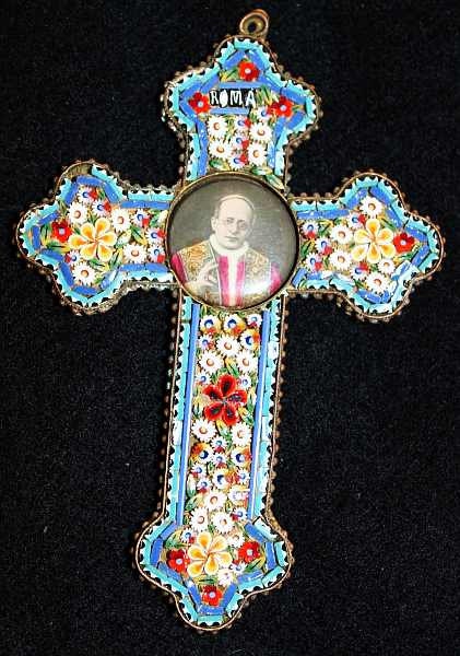 Vintage Papal micro mosaic cross - crucifix PIUS XI , 1925, Very Rare