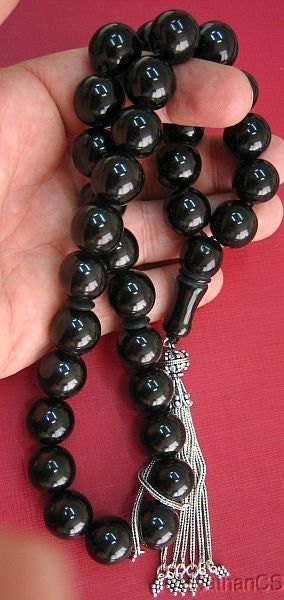 Prayer Beads Tesbih Gebetskette Turkish Large Round Jet Stone ( Oltu) & Sterling Silver