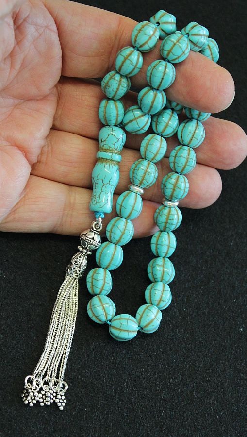 Tesbih Prayer Worry Beads Carved Dragon Turquoise and Sterling Silver