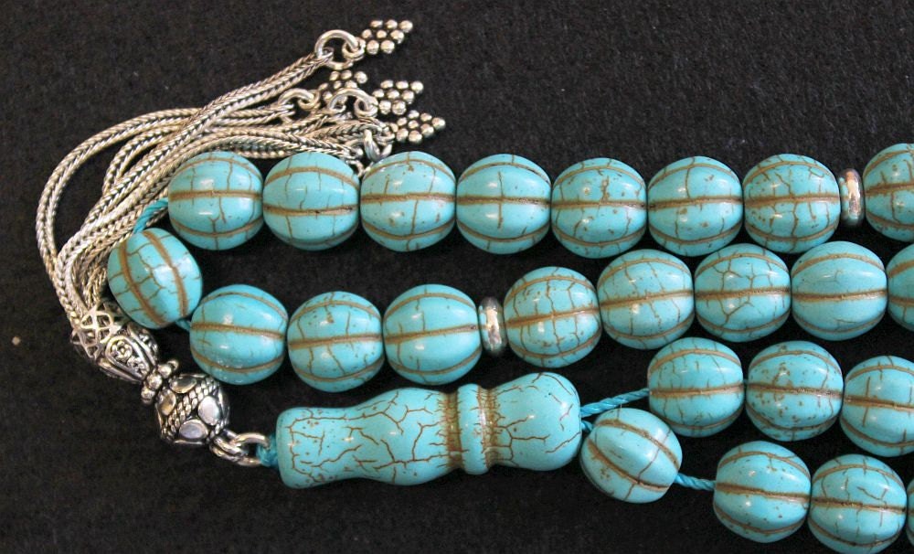 Tesbih Prayer Worry Beads Carved Dragon Turquoise and Sterling Silver
