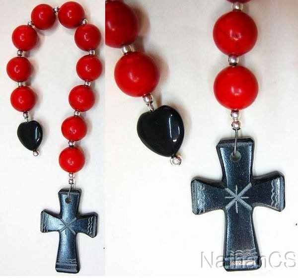 Catholic Open Chaplet Red Coral, Black Serpentine and Sterling Silver