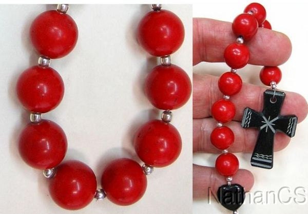 Catholic Open Chaplet Red Coral, Black Serpentine and Sterling Silver