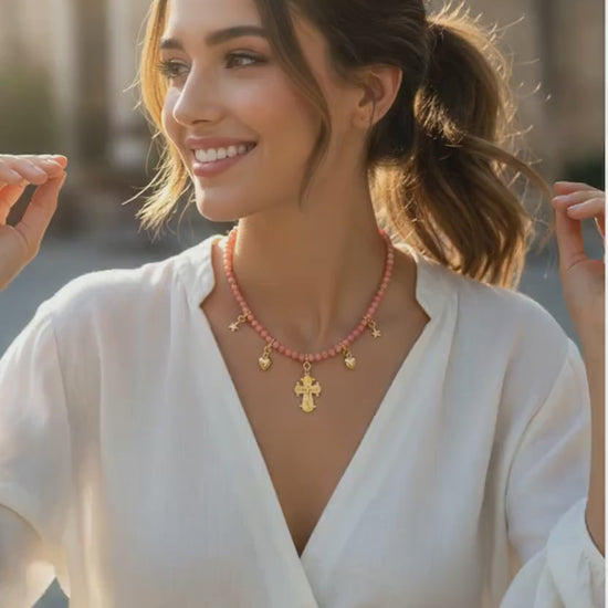 Angel Coral Vermeil Necklace Choker: Cross, Hearts and Stars