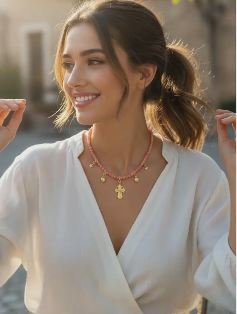 Angel Coral Vermeil Necklace Choker: Cross, Hearts and Stars