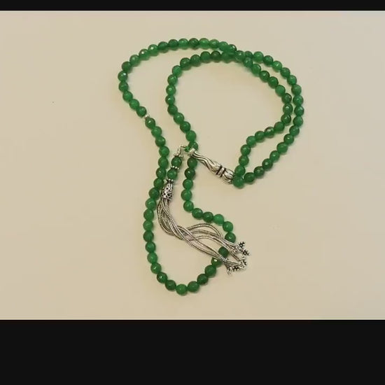 Islamic Prayer Beads Tesbih Gebetskette Genuine Faceted Emerald & Sterling -99 Beads