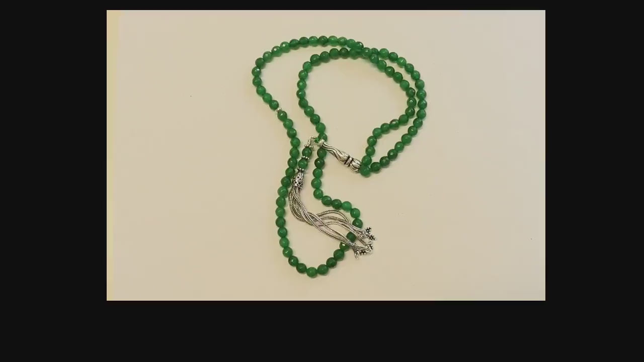 Islamic Prayer Beads Tesbih Gebetskette Genuine Faceted Emerald & Sterling -99 Beads