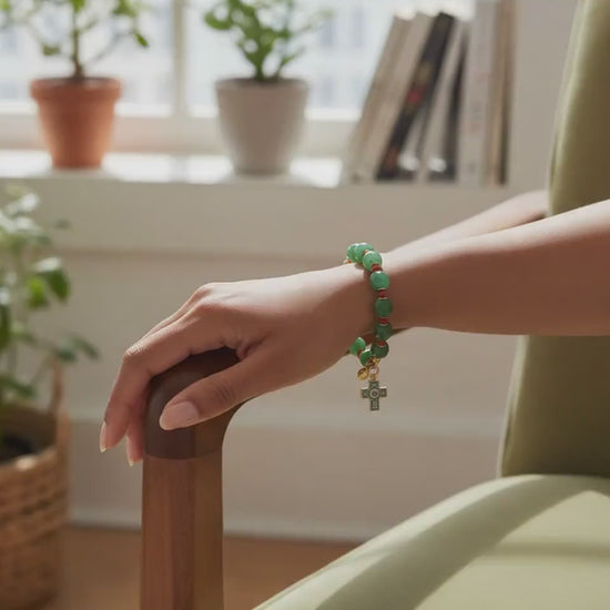 Catholic Rosary Bracelet Faceted Genuine Emerald and Ruby, Vermeil, Micromosaic Vintage Cross